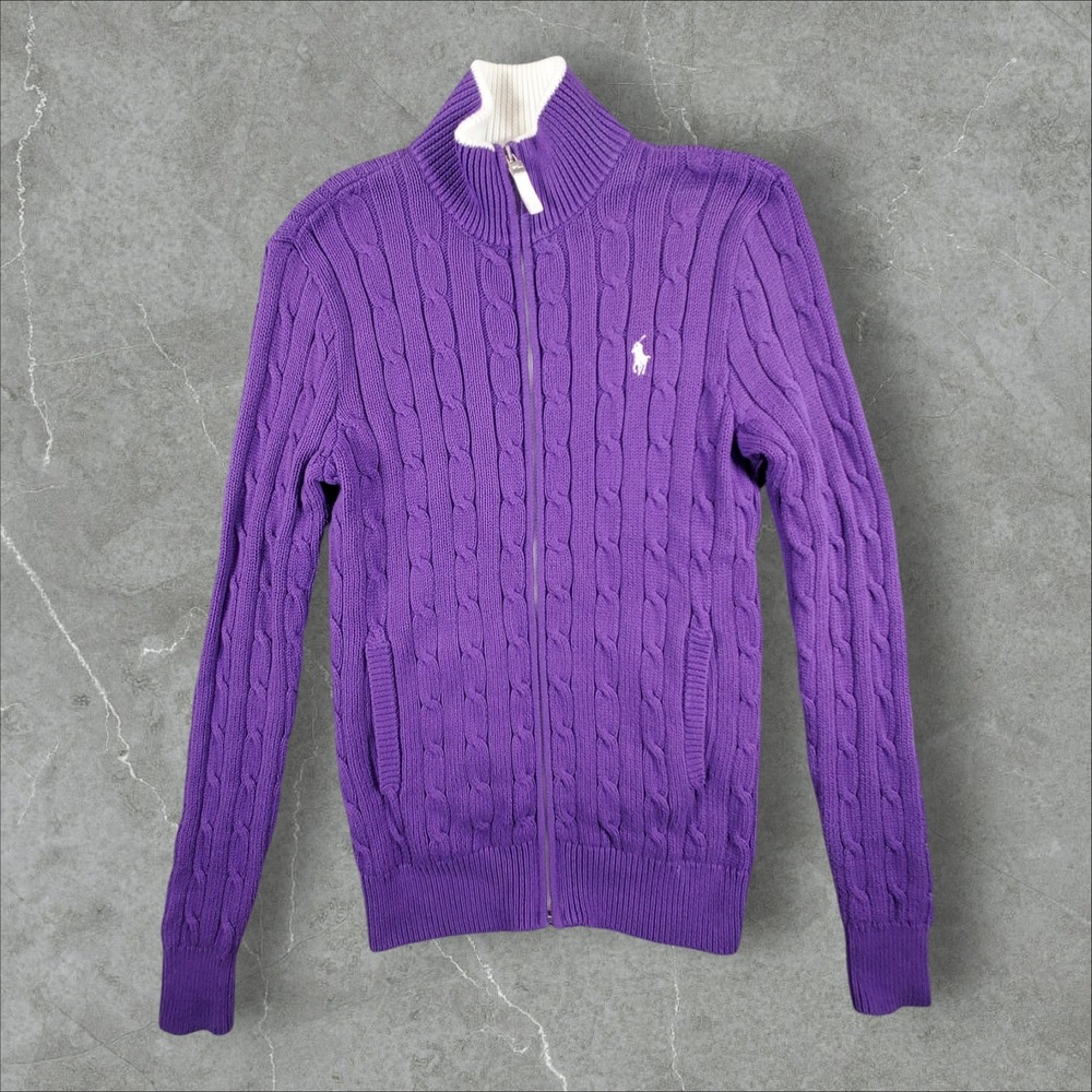 Polo Ralph Lauren Full Zip Sweater Women S Purple Cable Knit Cotton Mock Neck